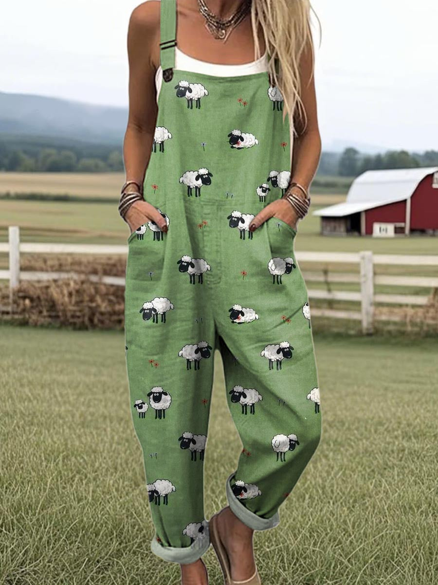 Women's Lovely Sheep Pattern Art Print Casual Wide Leg Jumpsuit