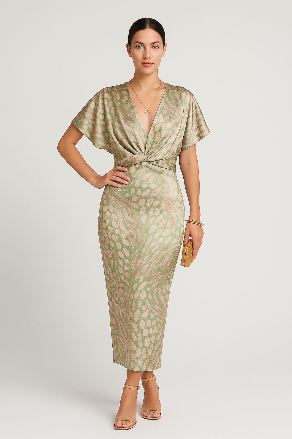 Elurea – Elegant Printed Dress with V-neck and Pleat Detail