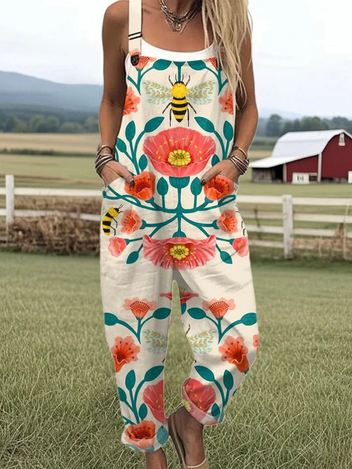 Women's Vintage Bee Floral Art Print Casual Wide Leg Jumpsuit