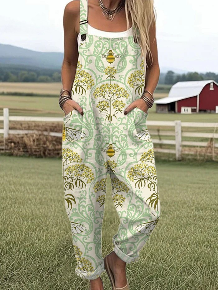 Women's Vintage Bee Floral Art Print Casual Wide Leg Jumpsuit