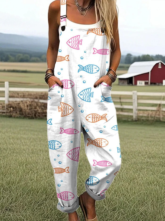 Women's Colorful Simple Fish Art Print Casual Wide Leg Jumpsuit