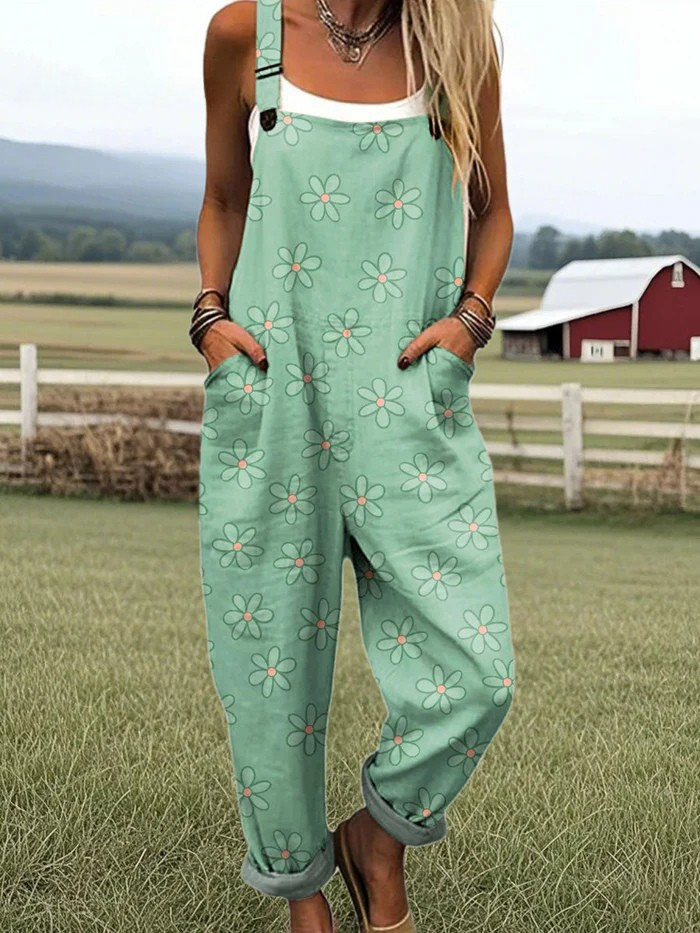 Women's Simple Floral Art Print Casual Wide Leg Jumpsuit