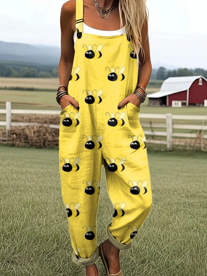 Women's Colorful Cute Bee Art Print Casual Wide Leg Jumpsuit