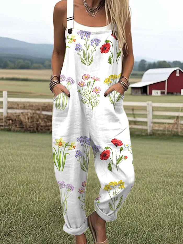 Women's Vintage Flowers Art Print Casual Wide Leg Jumpsuit