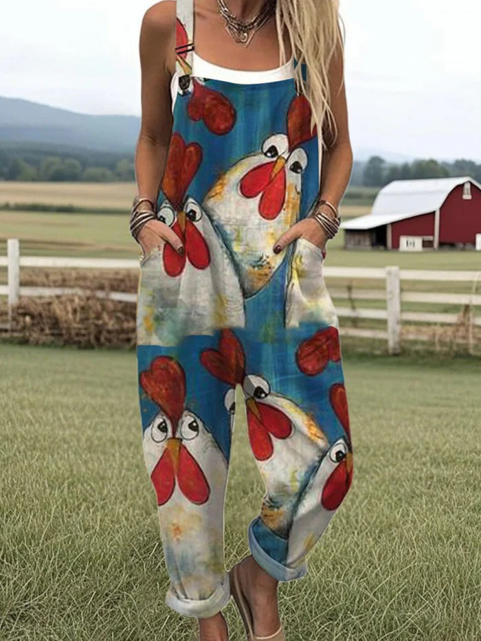 Women's Vintage Funny Chicken Art Print Casual Wide Leg Jumpsuit