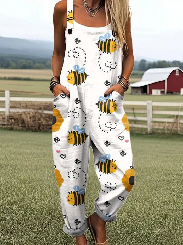 Women's Colorful Cute Bee Art Print Casual Wide Leg Jumpsuit