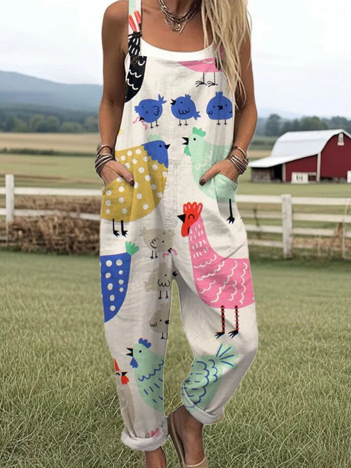Women's Vintage Funny Chicken Art Print Casual Wide Leg Jumpsuit