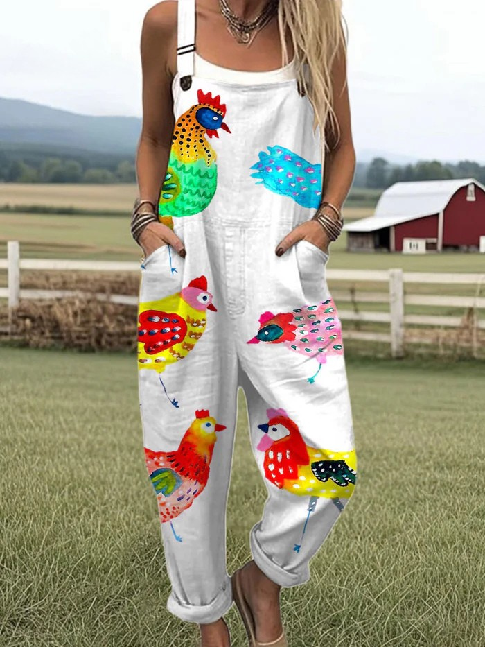 Women's Vintage Funny Chicken Art Print Casual Wide Leg Jumpsuit
