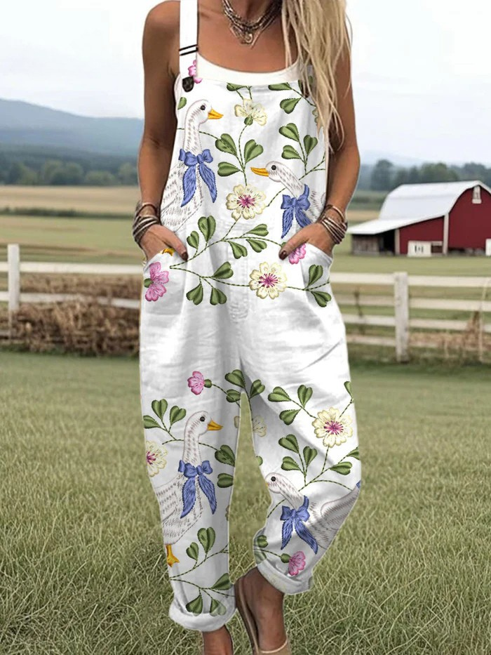 Women's Vintage Goose Floral Art Print Casual Wide Leg Jumpsuit