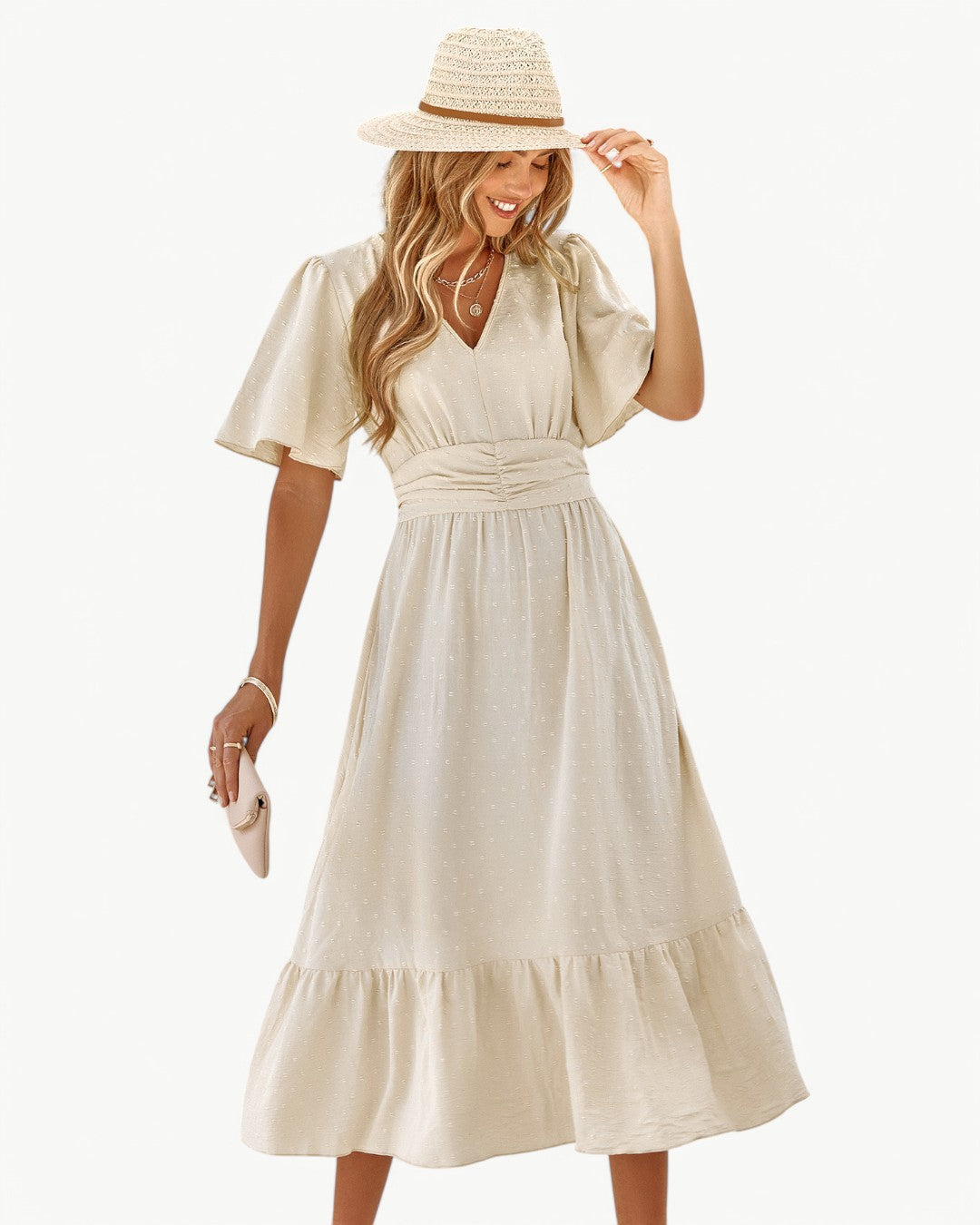 Renee – V-neck calf-length dress with short sleeves