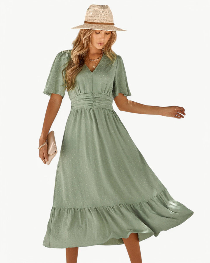 Renee – V-neck calf-length dress with short sleeves