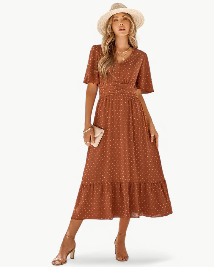 Renee – V-neck calf-length dress with short sleeves