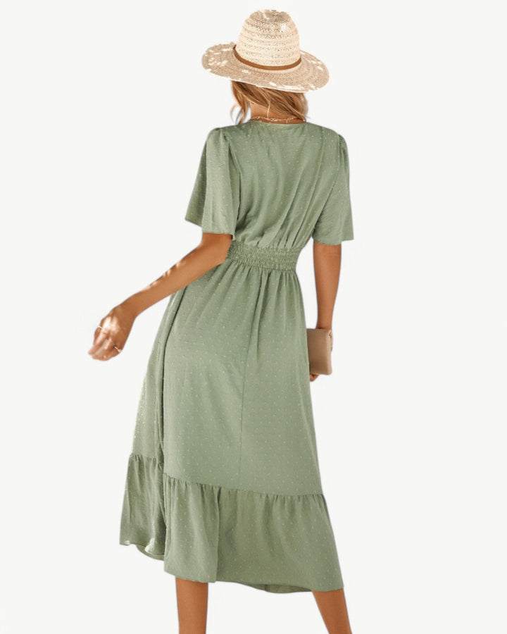 Renee – V-neck calf-length dress with short sleeves
