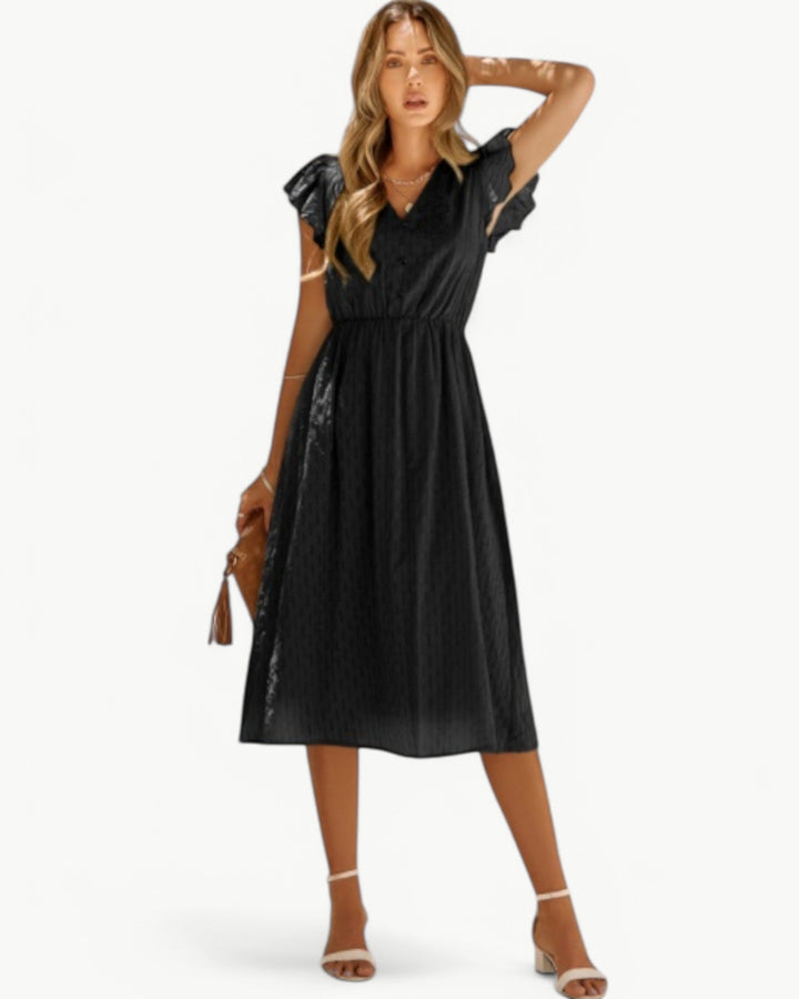 Lara™ | V-Neck Midi Dress with Ruffled Sleeves