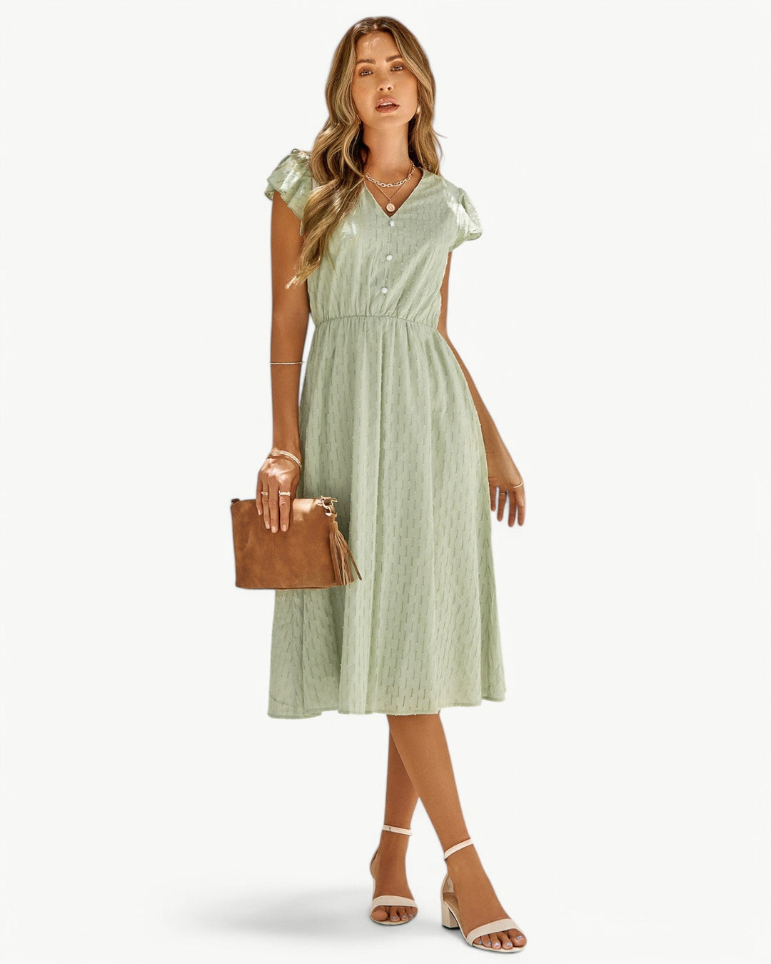 Lara™ | V-Neck Midi Dress with Ruffled Sleeves