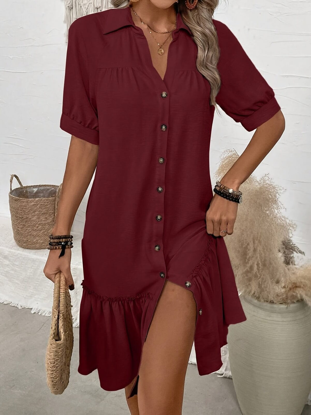 Aliya – Button-Down Ruffle Hem Dress