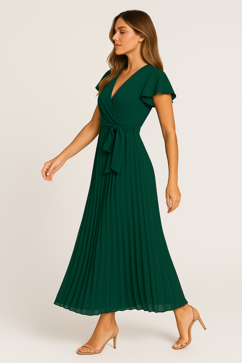 Celina – Chiffon Pleated Maxi Wrap Dress with Belt