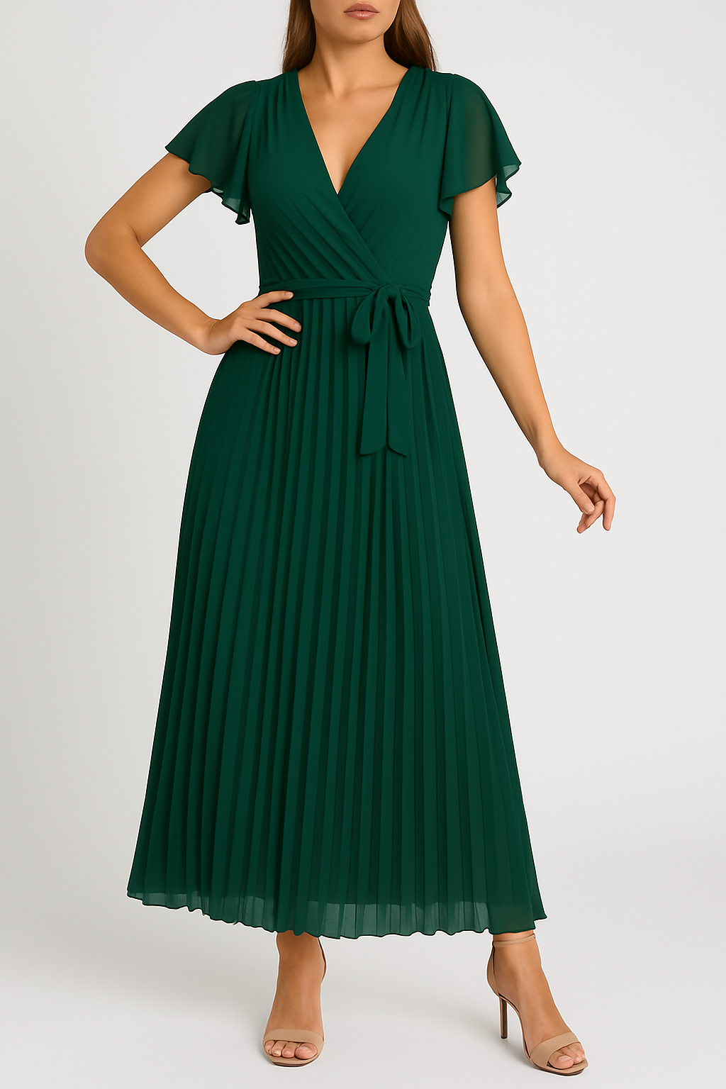 Celina – Chiffon Pleated Maxi Wrap Dress with Belt