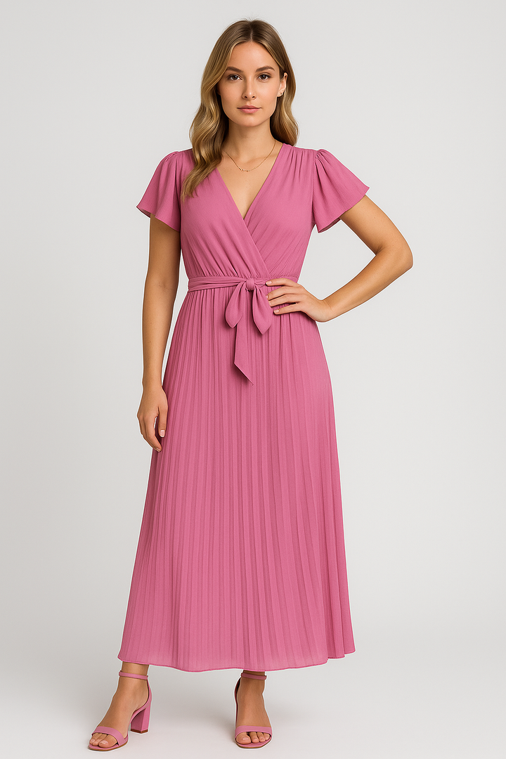 Celina – Chiffon Pleated Maxi Wrap Dress with Belt