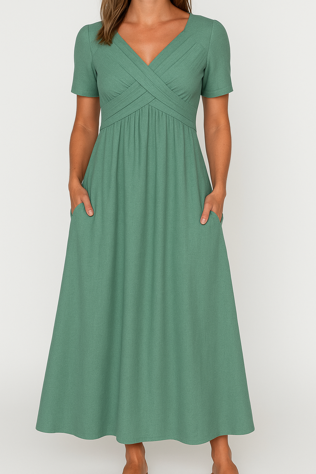 Briana - Elegant Midi V-Neck Dress with Pockets