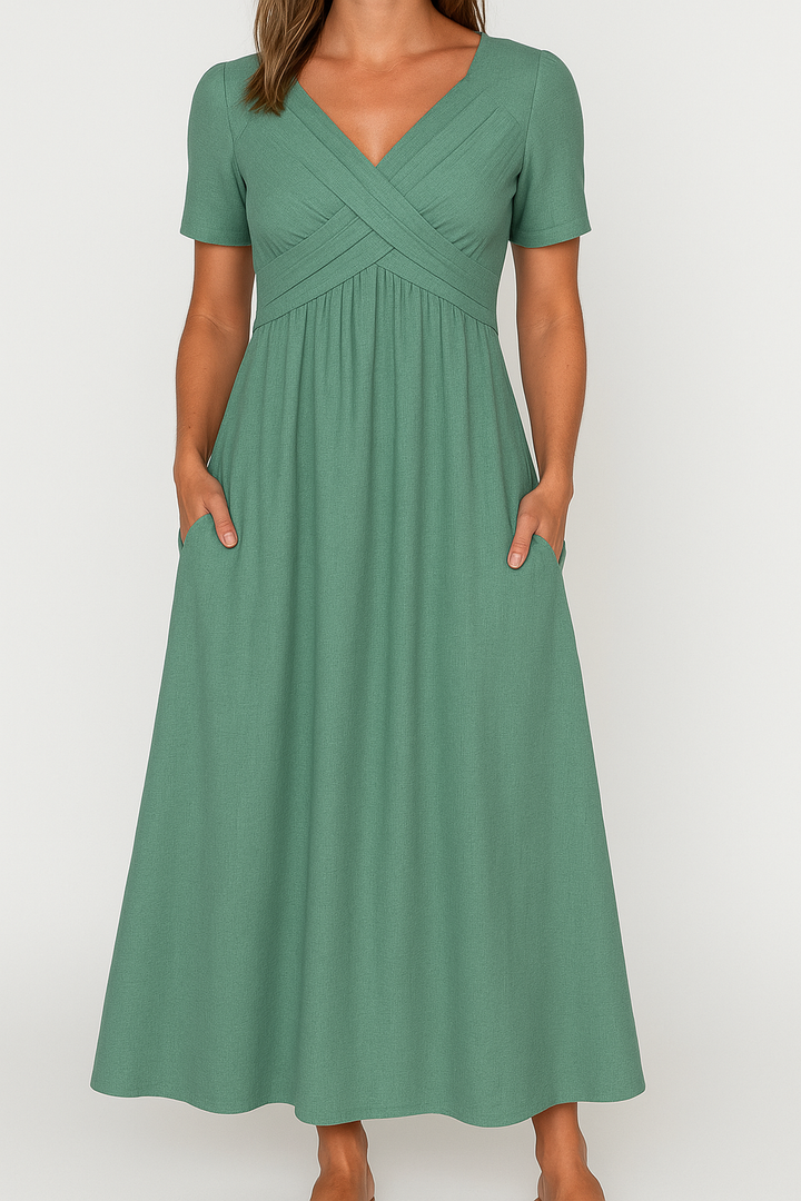 Briana - Elegant Midi V-Neck Dress with Pockets