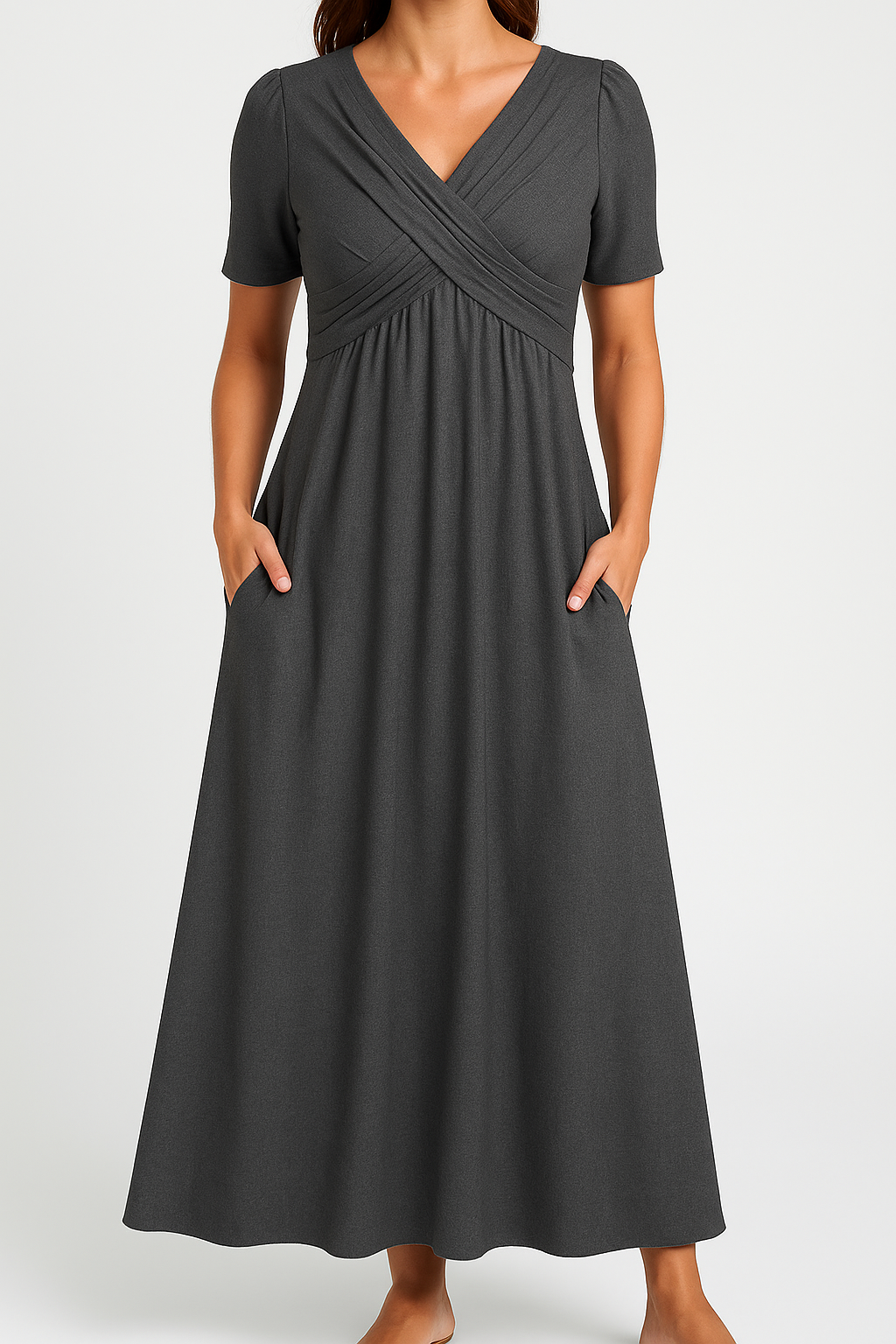 Briana - Elegant Midi V-Neck Dress with Pockets