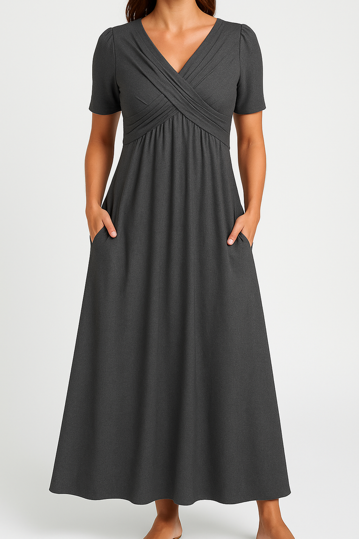 Briana - Elegant Midi V-Neck Dress with Pockets