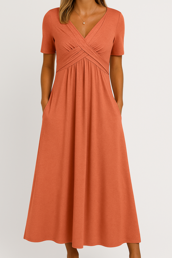 Briana - Elegant Midi V-Neck Dress with Pockets
