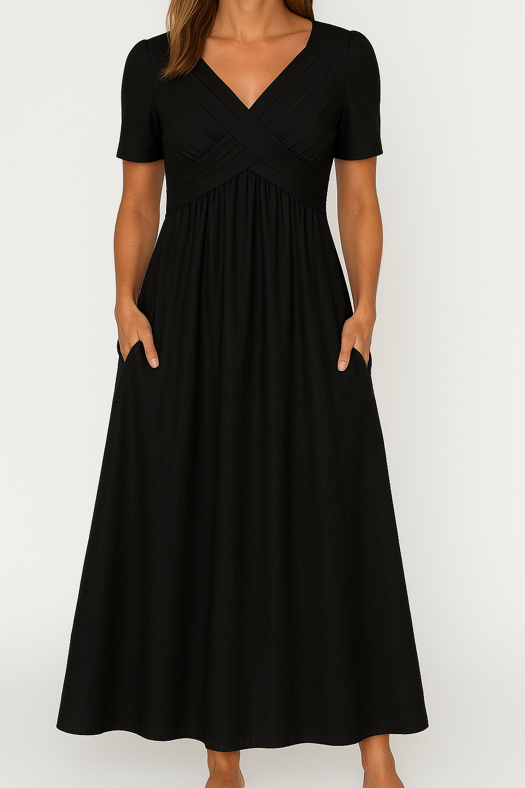 Briana - Elegant Midi V-Neck Dress with Pockets