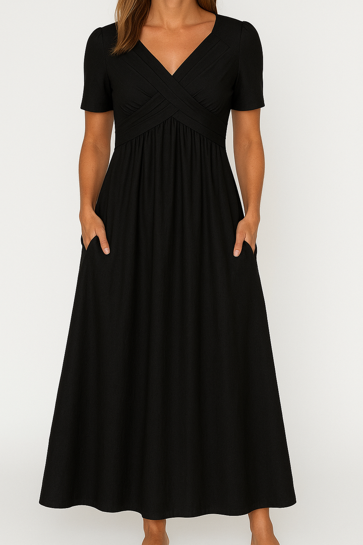 Briana - Elegant Midi V-Neck Dress with Pockets