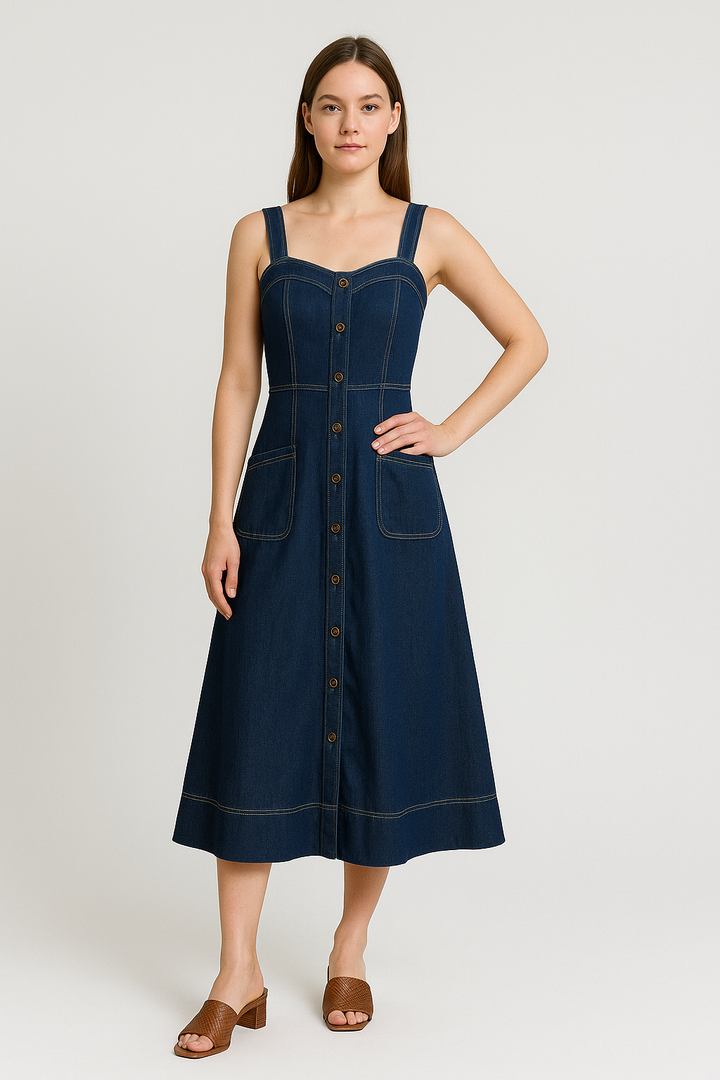 Dorevia – Elegant Denim Dress with Pockets and Button Closure