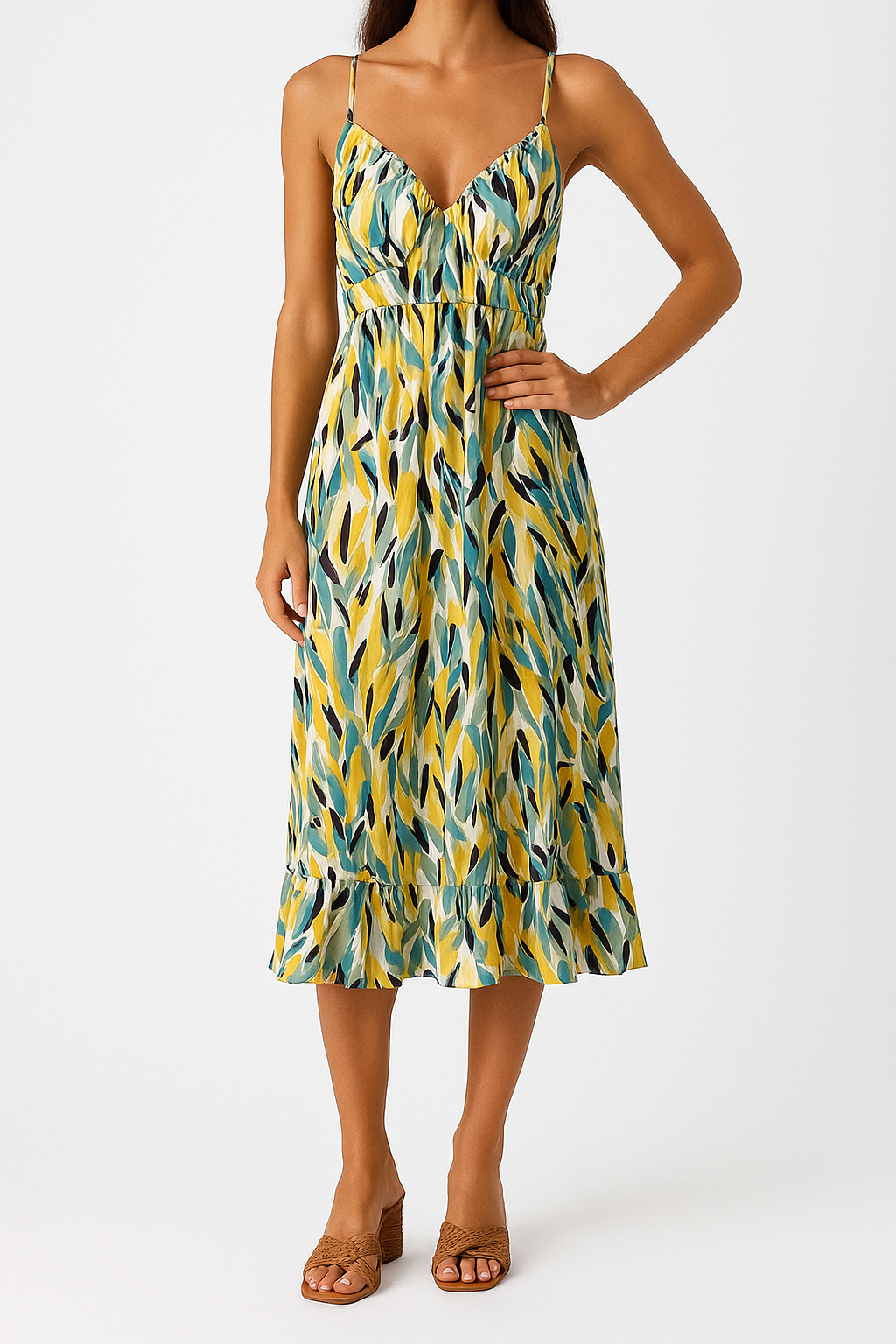 Marlie – Summer Midi Dress with V-Neck and Sleeveless Design