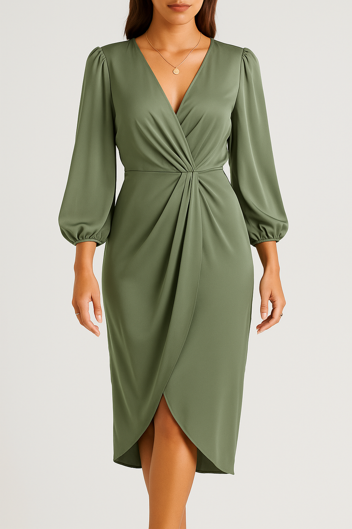 Melvara – Elegant Satin Dress with Long Sleeves and Flowy Fit