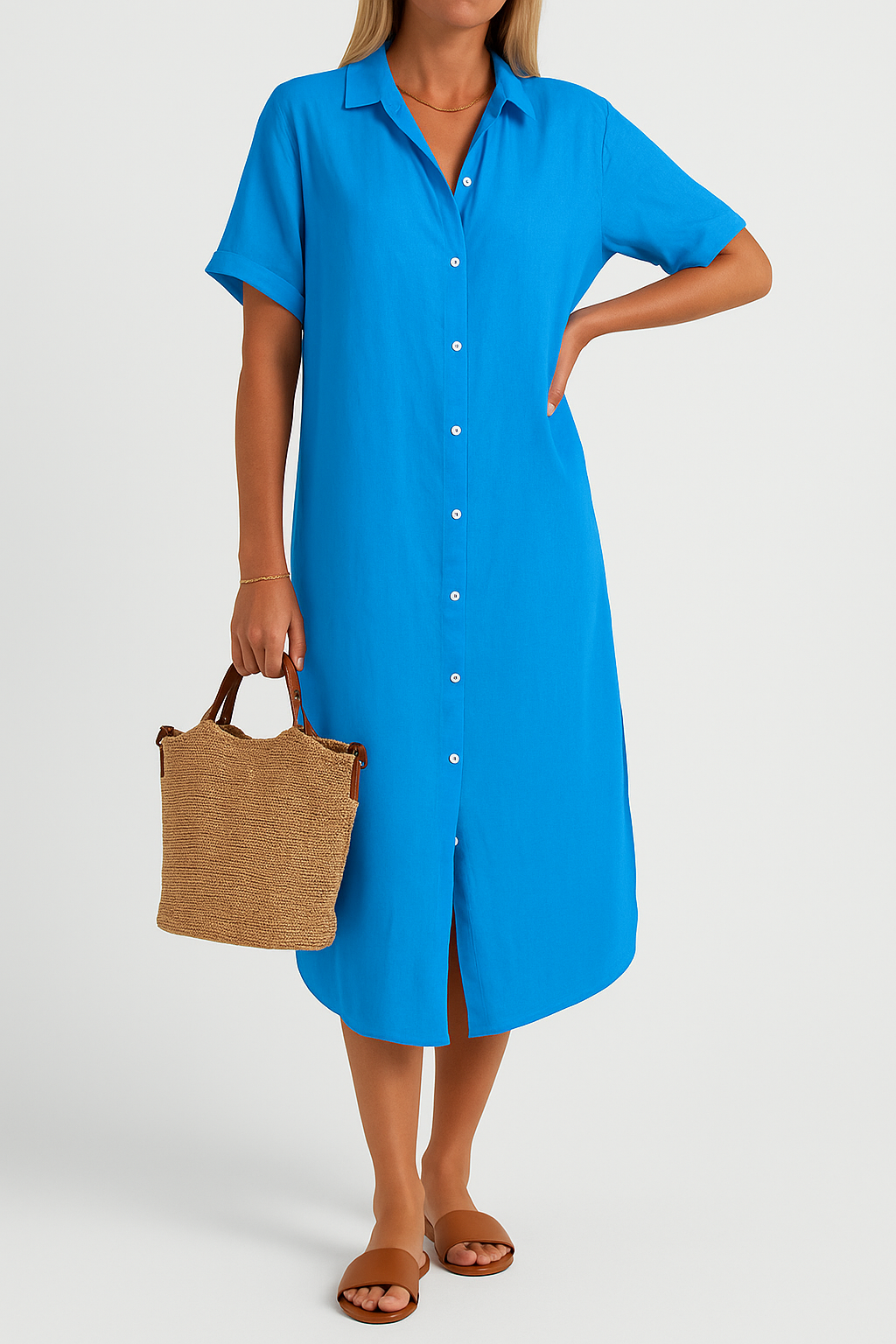 Nola – Solid Shirt Dress with Short Sleeves