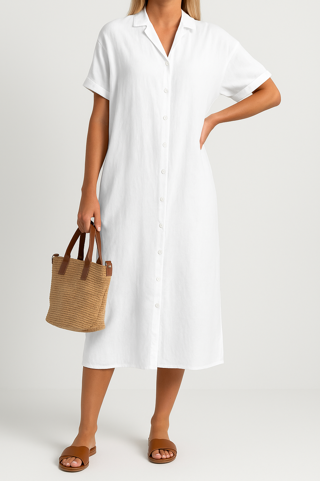 Nola – Solid Shirt Dress with Short Sleeves