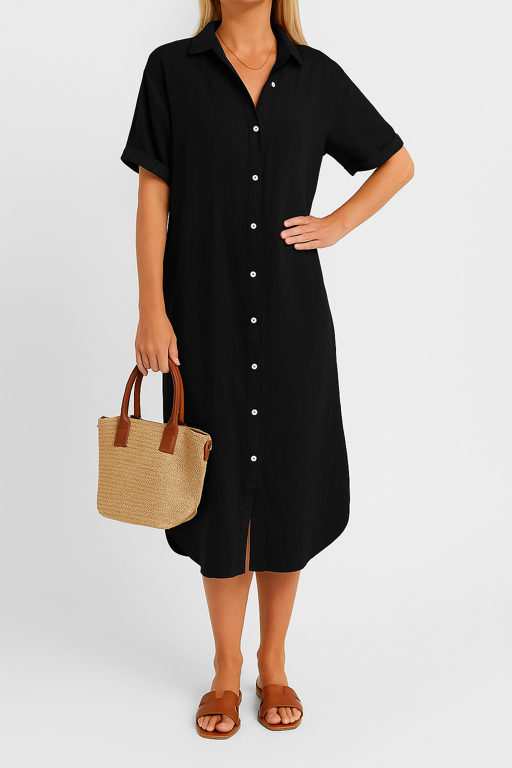 Nola – Solid Shirt Dress with Short Sleeves