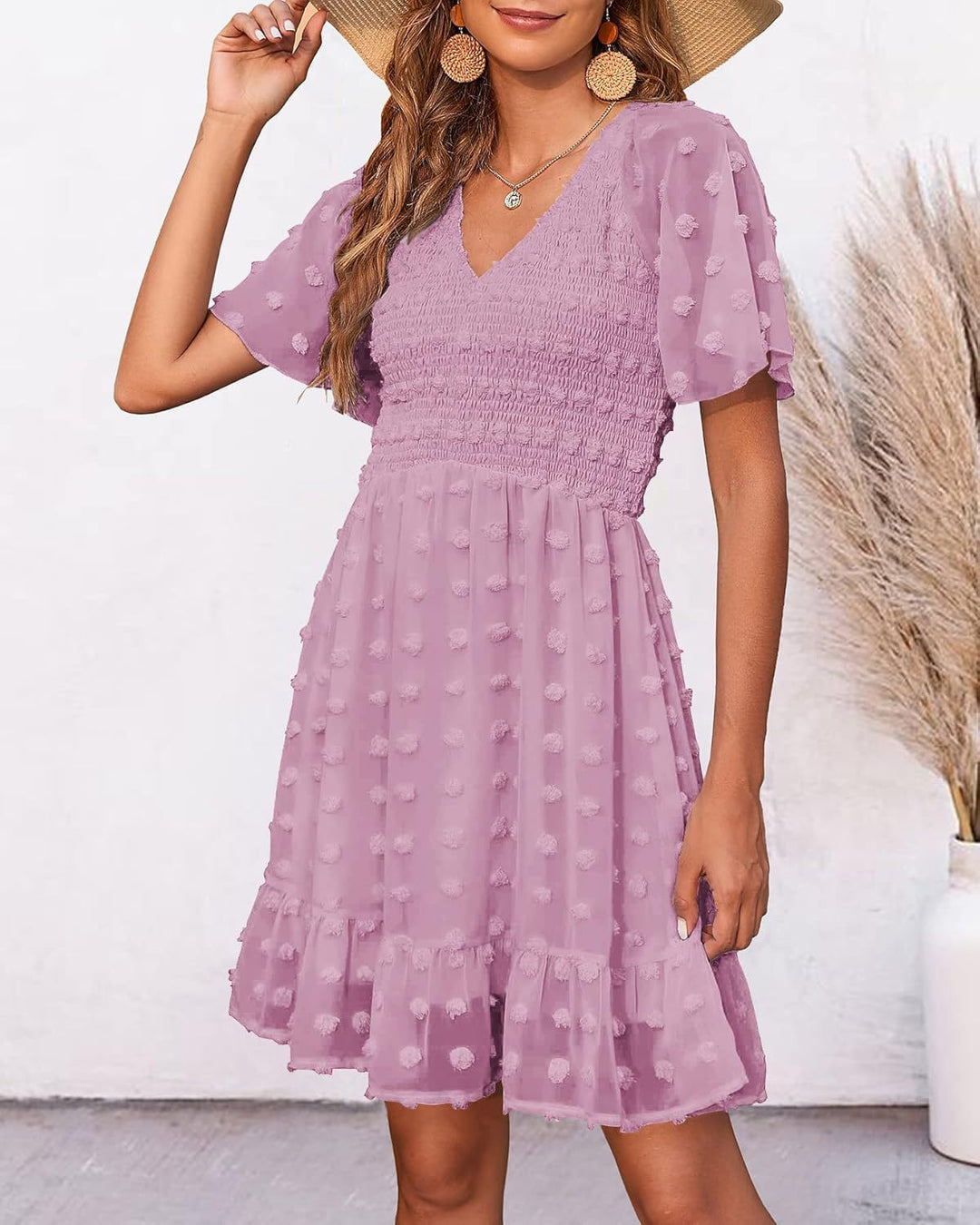 Suzanne - Elegant Smocked Swiss Dot Mini Dress