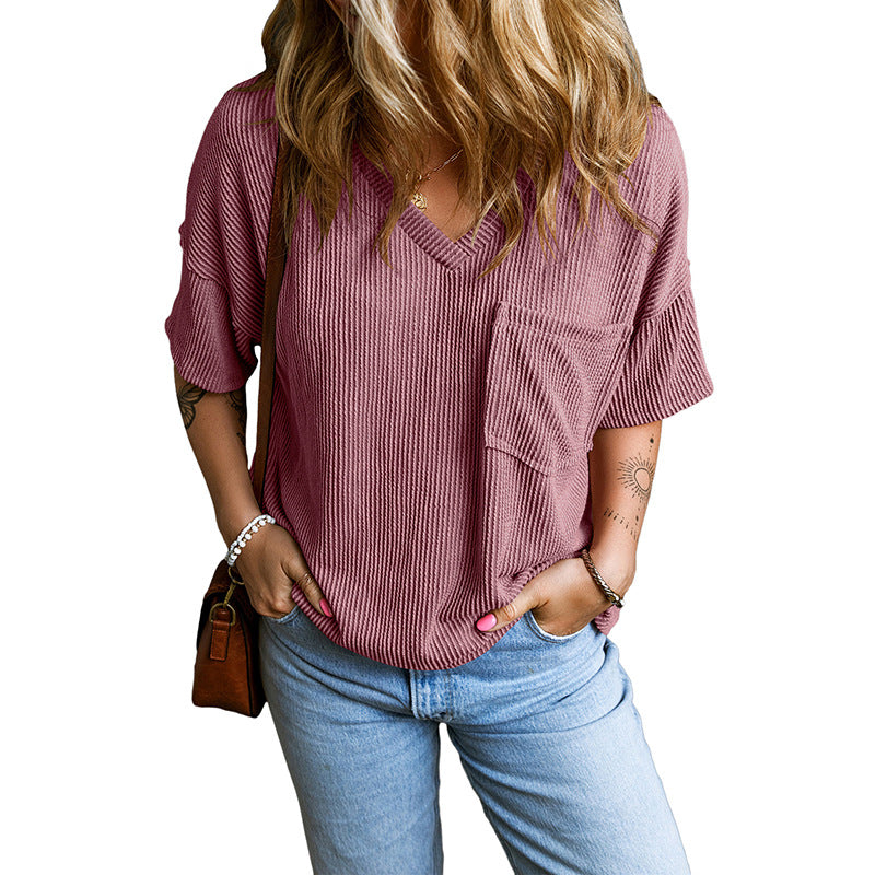 Janelle – Casual Textured Pocket V-Neck Tee