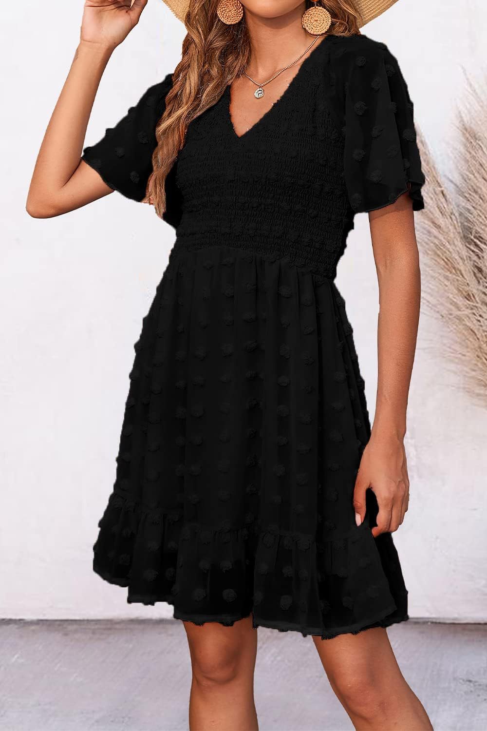 Suzanne - Elegant Smocked Swiss Dot Mini Dress