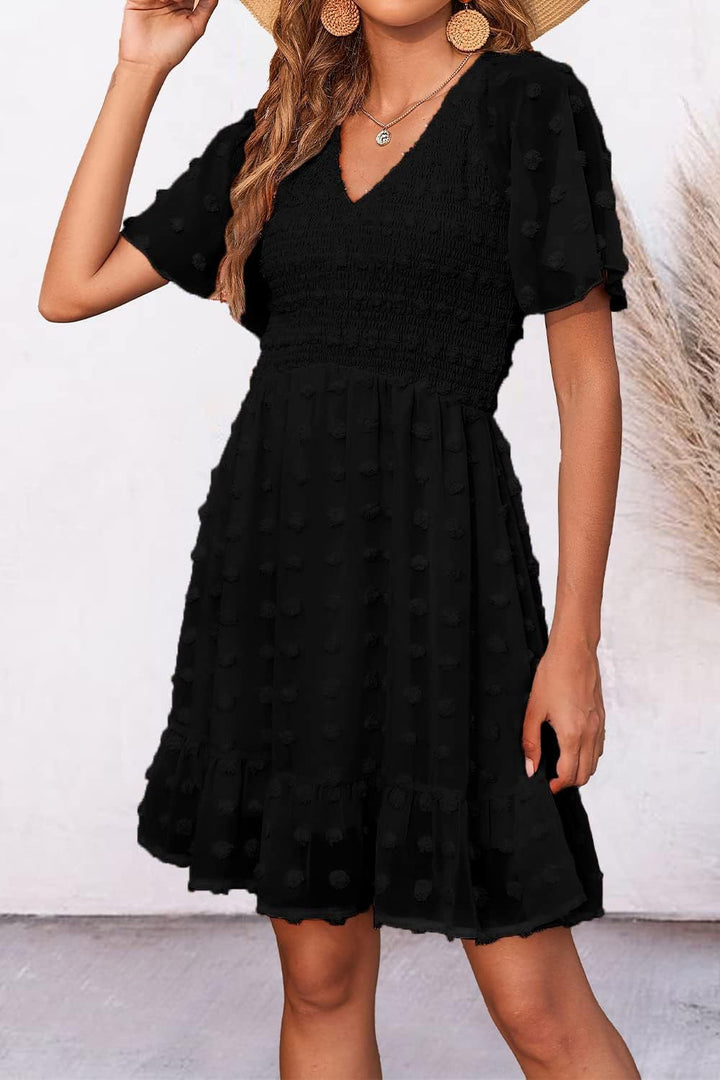 Suzanne - Elegant Smocked Swiss Dot Mini Dress