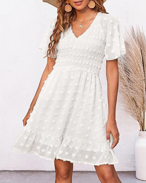 Suzanne - Elegant Smocked Swiss Dot Mini Dress