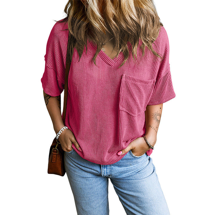 Janelle – Casual Textured Pocket V-Neck Tee