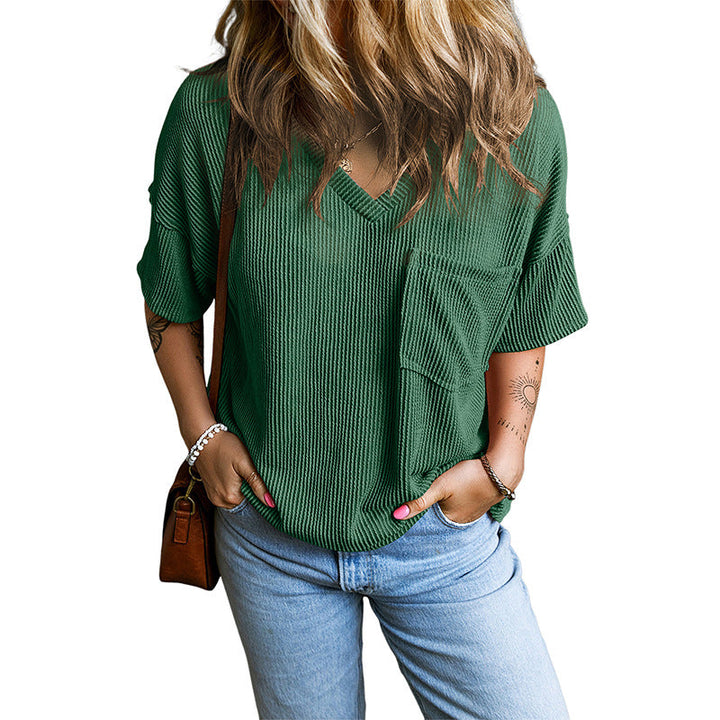 Janelle – Casual Textured Pocket V-Neck Tee
