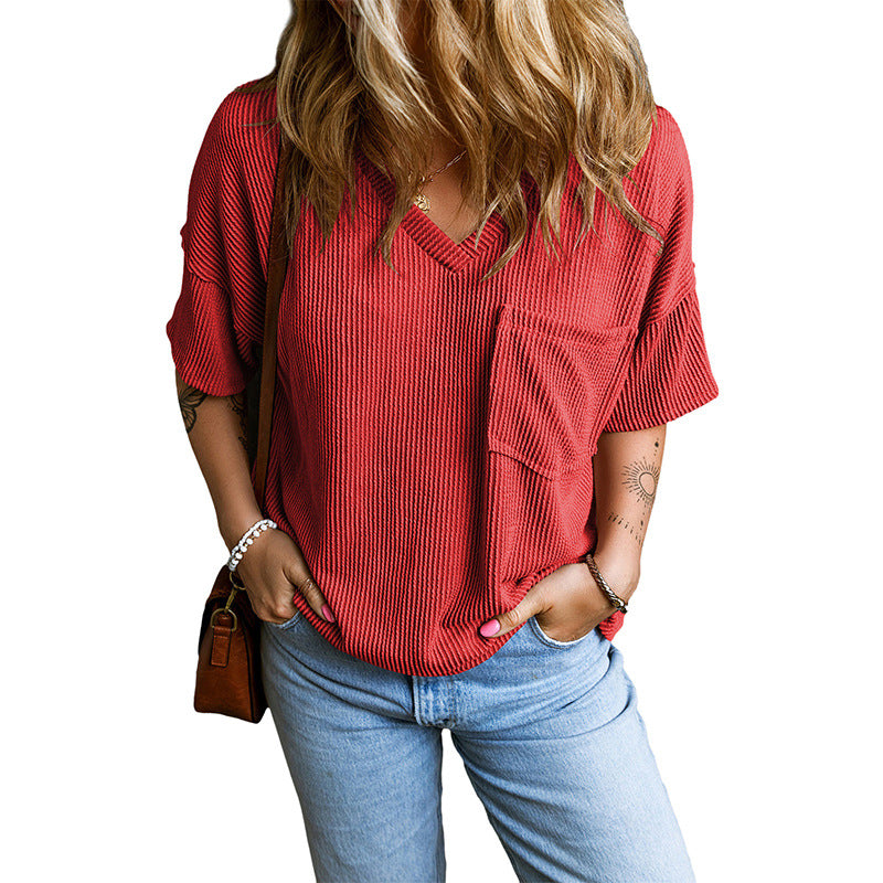 Janelle – Casual Textured Pocket V-Neck Tee