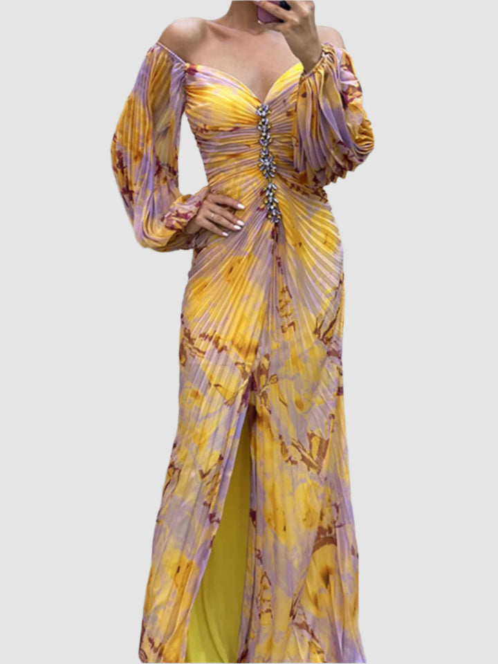 Orivelle – Strapless Pleated Dress with Split and Long Sleeves