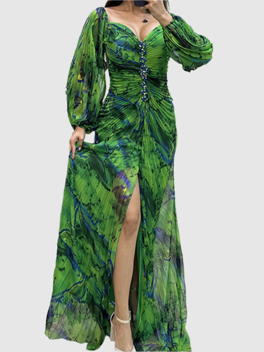 Orivelle – Strapless Pleated Dress with Split and Long Sleeves