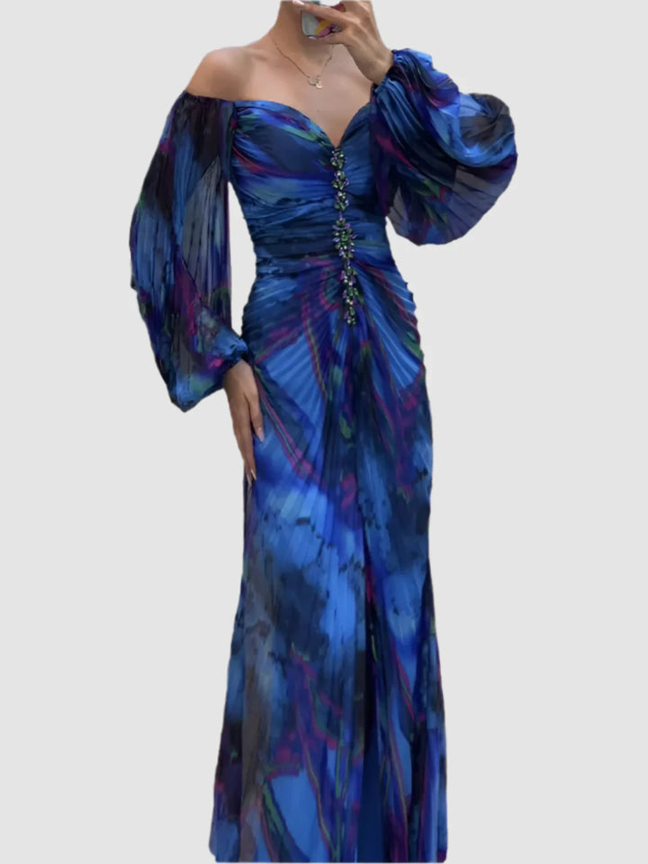 Orivelle – Strapless Pleated Dress with Split and Long Sleeves