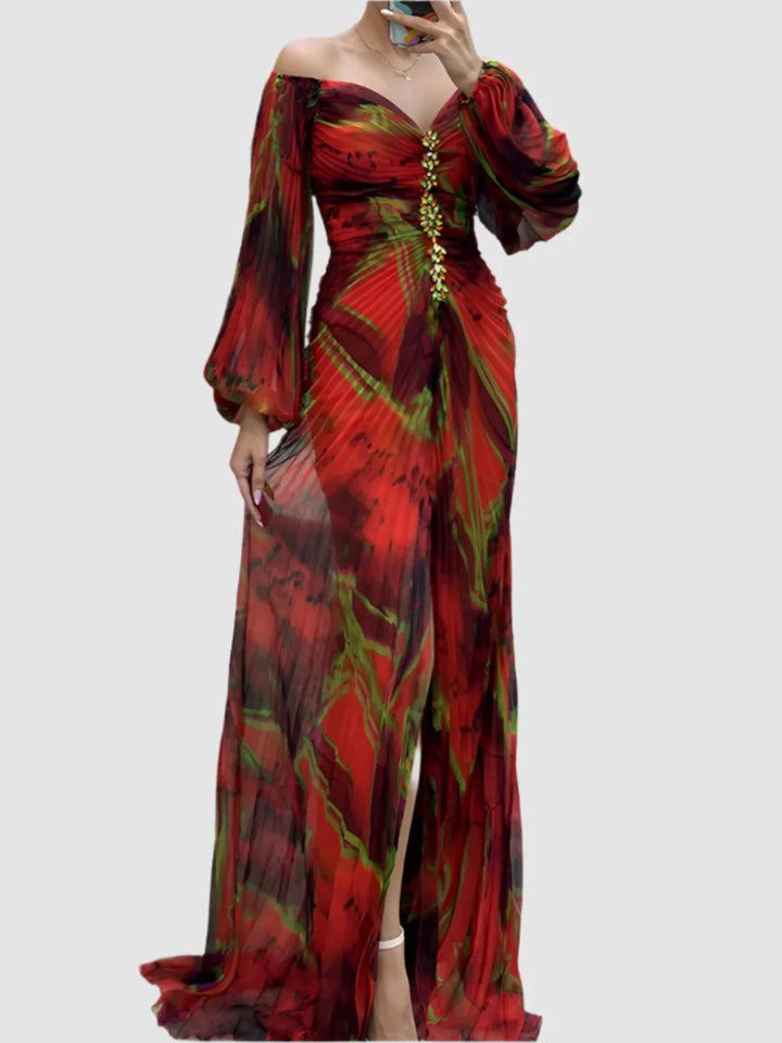 Orivelle – Strapless Pleated Dress with Split and Long Sleeves