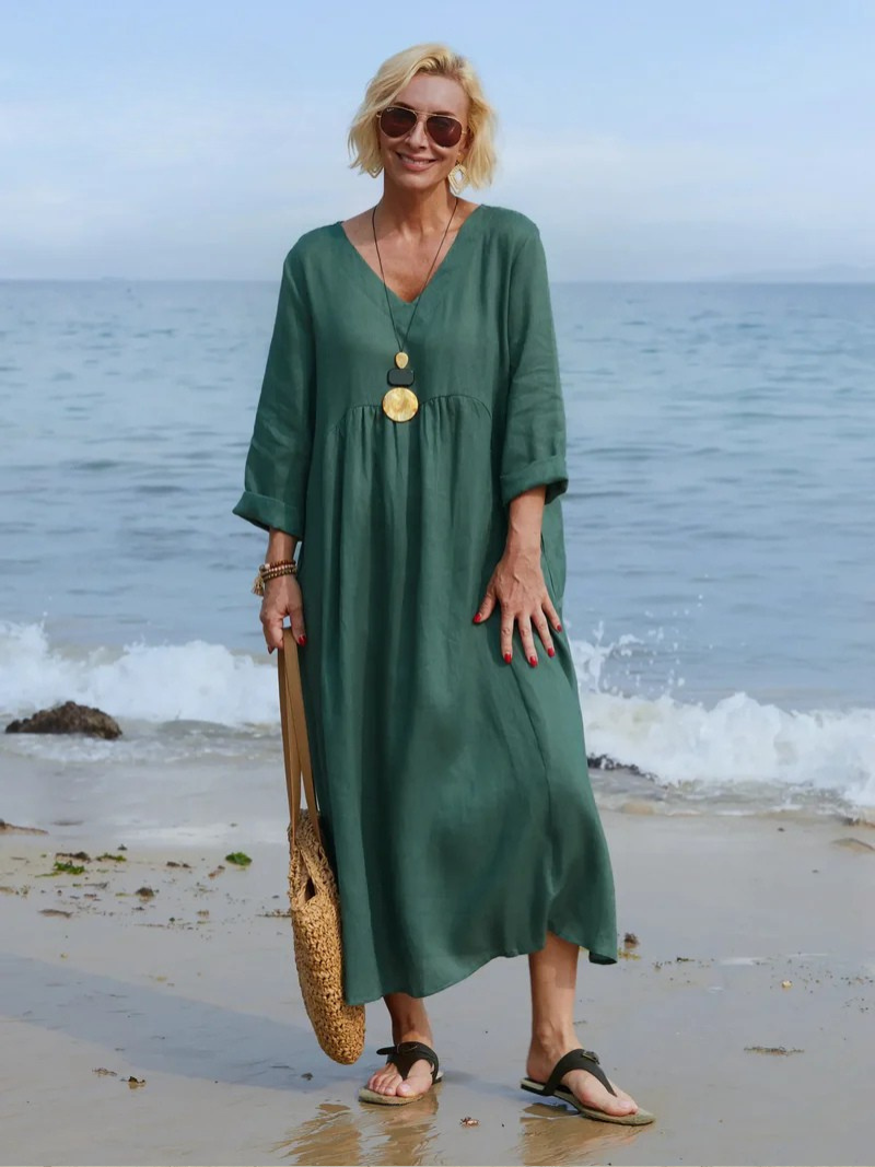 Women's Solid Color V-Neck Long Sleeve Casual Pocket Long Dress