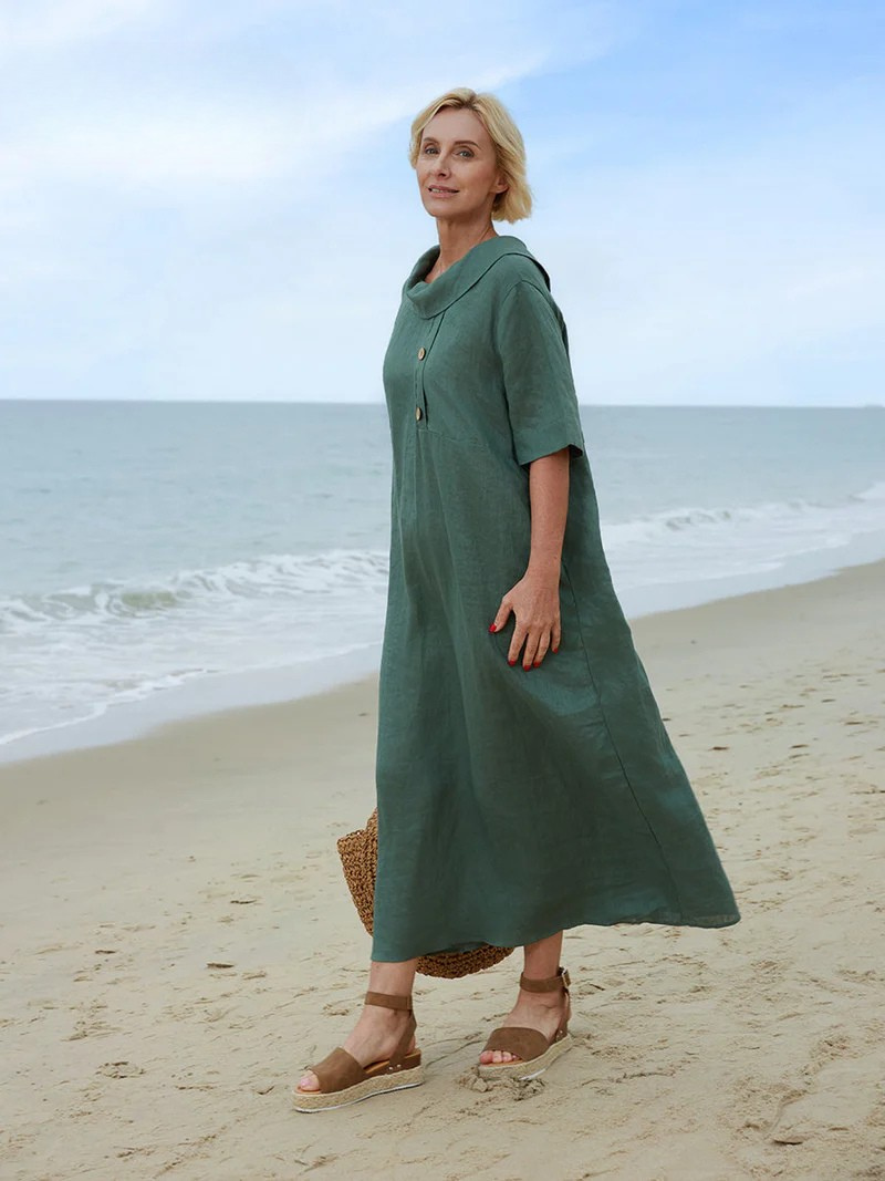Women's Peter Pan Collar Loose Casual Short Sleeve Dress